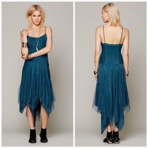 RARE Free People Sunset Stripes teal lace slip with tiered asymmetrical hem szS!